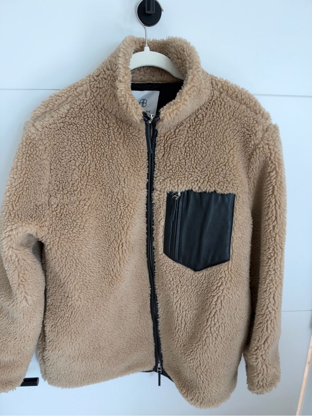 Anine Bing Tan Sherpa Jacket with Black leather Pocket and piping